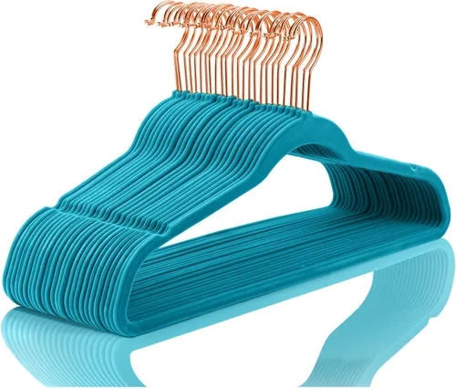 Vista 9 de MIZGI - Perchas de terciopelo premium - de alta resistencia, antideslizantes, (paquete de 50 unidades), ganchos color azul agua y dorado rosa