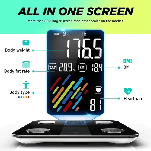 Vista 2 de RunStar - Báscula inteligente para peso corporal, báscula digital de baño de alta precisión con pantalla grande para IMC, frecuencia cardíaca y masa