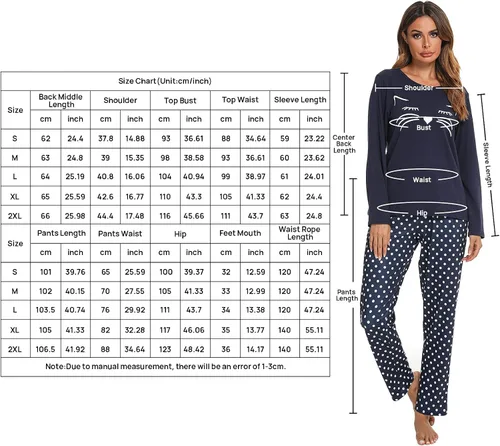 Vista 5 de Cotton Pajamas For Women, Long Sleeve Sleepwear with Long Pants, Cat Printed Pj Loungewear Sets, PJ Set for Women