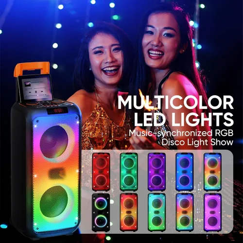 Vista 2 de Máquina de karaoke para adultos, sistema PA portátil, máquina de karaoke con 2 micrófonos, compatible con modo TF/USB/AUX, TWS y LED para el hogar