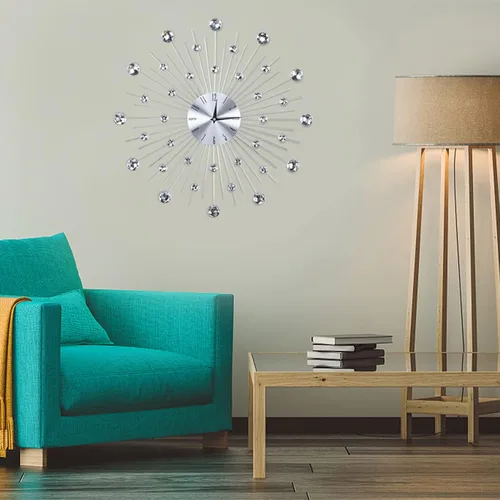 Vista 5 de Reloj de pared plateado metálico brillante para sala de estar, oficina (diamantes de imitación plateados), reloj de salón de belleza, Wanduhr