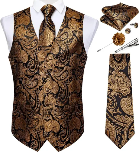 Vista 37 de DiBanGu Juego de chaleco y corbata para hombre, chaleco formal de cachemira y corbata con bolsillo cuadrado y gemelos, de seda, para traje o Verde
