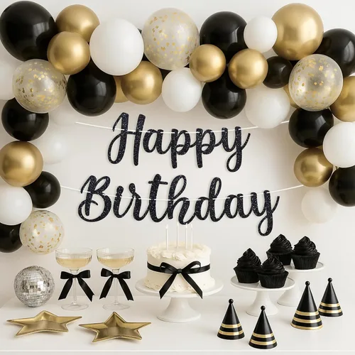 Vista 2 de Cartel de feliz cumpleaños pre-encordado – No DIY – Cartel negro de feliz cumpleaños para hombres y mujeres – Guirnalda preencordada en hebras de 6