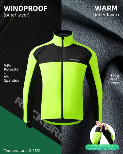 Vista 3 de ROCKBROS Chaquetas de ciclismo para hombre, chaquetas de ciclismo de invierno, chaqueta térmica a prueba de viento, clima frío, ciclismo, senderismo