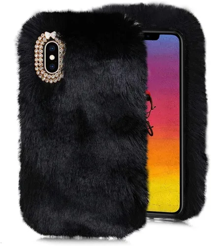 Vista 6 de LCHDA Funda de felpa para iPhone 7/iPhone 8, funda de piel de conejo, funda mullida y esponjosa para niñas, lindo pelo cálido de invierno, funda