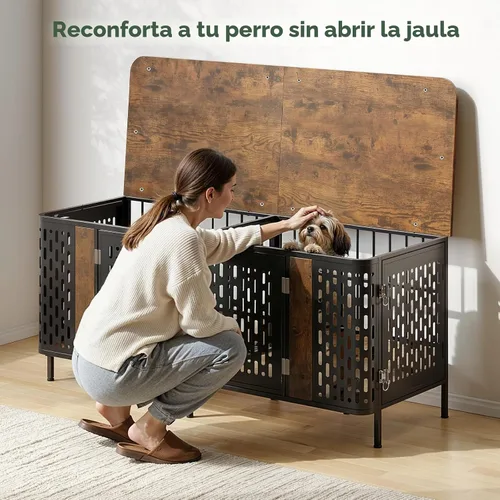 Vista 7 de ONBRILL Mueble de jaula para perros de 63 pulgadas para 1 o 2 perros, jaula doble grande para perros con divisor extraíble, jaula de madera