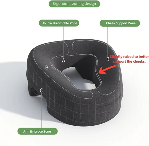 Vista 3 de Almohada ergonómica de espuma viscoelástica boca abajo para masaje, estómago durmiendo después de una cirugía ocular BBL con funda lavable