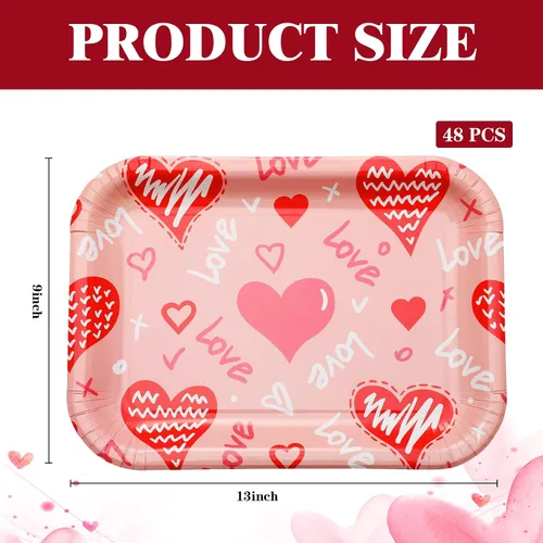 Vista 3 de Ziliny 24 platos de papel desechables con forma de corazón, bandejas rectangulares de 13 x 9 pulgadas, bandejas grandes para servir para bodas, Rosa