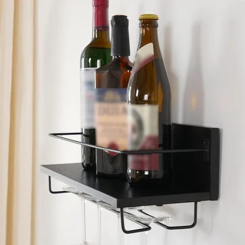 Vista 8 de HOOBRO Estantería de Vino Montada en la Pared Paquete de 2, Estante de Vino Colgante Estanterías Flotantes de Pared, Portabotellas de Vino y Copas