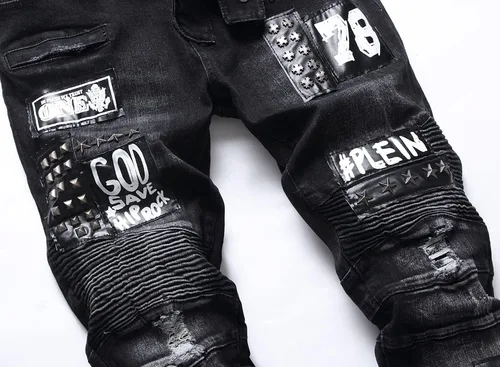 Vista 3 de Liuhond Skinny Slim Fashion - Jeans elásticos de motociclista de Hip Hop con agujeros rectos rasgados.