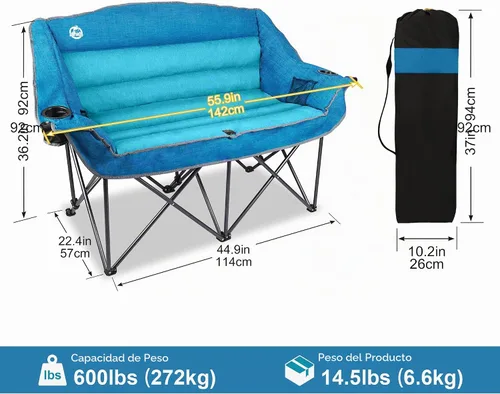 Vista 2 de Northroad Silla de camping doble de gran tamaño, sofá biplaza totalmente acolchado, silla doble plegable resistente con portavasos, reposabrazos