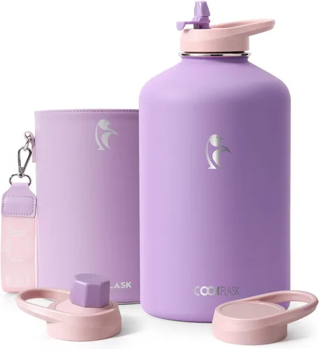 Vista 13 de Coolflask Botella de agua de 64 onzas aislada con funda de cuero PU, botella de agua de medio galón con contraste de color y tapa con popote, jarra