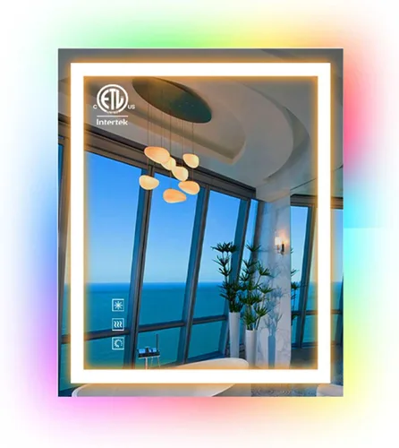 Vista 8 de Espejo de baño LED con retroiluminación RGB, espejo rectangular LED HD con control táctil, antivaho, función de memoria, espejo de maquillaje RGB