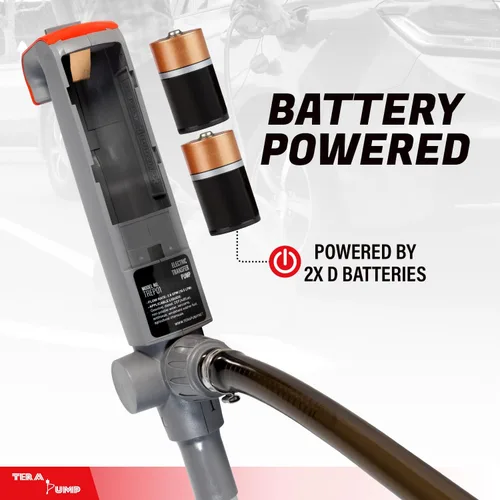Vista 2 de TERA PUMP Bomba de transferencia de combustible con boquilla de control de flujo rápido - 3 veces más potente, alimentada por batería D, manguera
