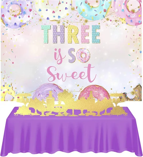 Vista 3 de Mocsicka Telón de fondo de cumpleaños con texto en inglés "Three is so Sweet" para decoración de fiesta de cumpleaños de tercer cumpleaños