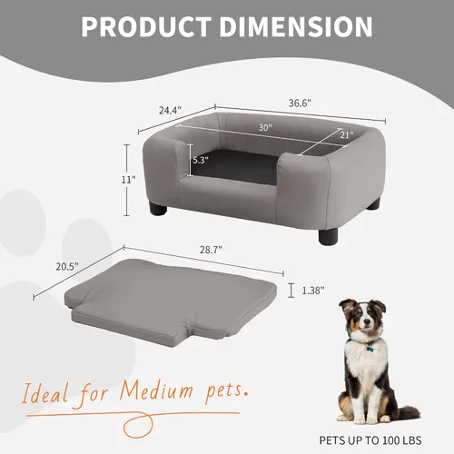 Vista 3 de Sofá moderno para mascotas de 37 pulgadas con tela sintética resistente a los arañazos y patas ajustables, sofá elevado para perros pequeños