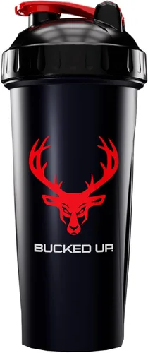 Vista 3 de Botella agitadora para proteínas, pre-entrenamiento y batidos, botella negra con logo gris de Buck (28oz)