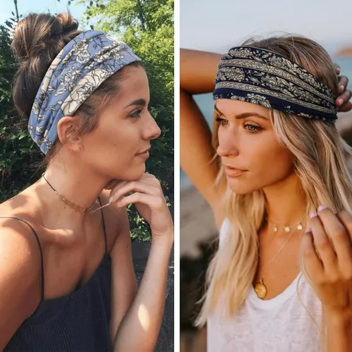 Vista 4 de Huachi Diademas para mujer, diademas elásticas bohemias para el cabello de mujer, antideslizantes, anchas y gruesas, de tela suave, accesorios