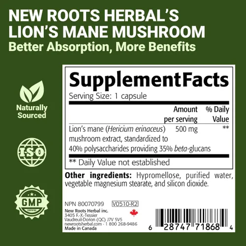 Vista 7 de NEW ROOTS HERBAL Cápsulas de suplemento de melena de león (60 cápsulas) 500 mg en polvo de hongo de melena de león altamente concentrado