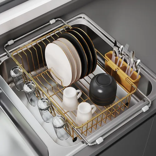 Vista 8 de Estante de secado de platos sobre el fregadero, expandible, pequeño, negro, escurridor para secar para la encimera de la cocina, metal de acero