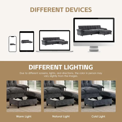 Vista 34 de Sofá modular moderno en forma de U de 115 pulgadas, juego de sofás tapizados grandes con asiento de almacenamiento, sofá cama convertible con diván
