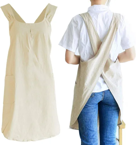 Vista 18 de NEWGEM - Delantales de cocina de lino japonés para mujeres y hombres, con tirantes cruzados y bolsillos, para repostería y cocina