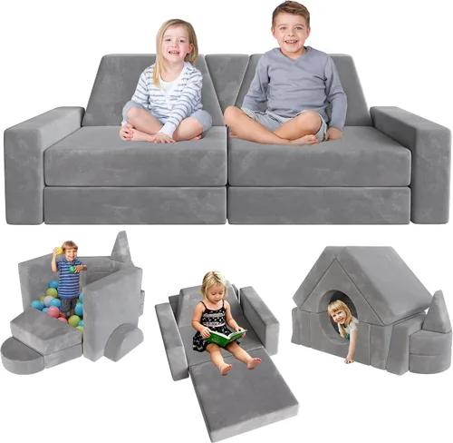 Vista 8 de 15 piezas Sofá de juego modular para niños, Sofá para niños pequeños y niños, sofás para niños pequeños, Kit de construcción de fortalezas con sofás
