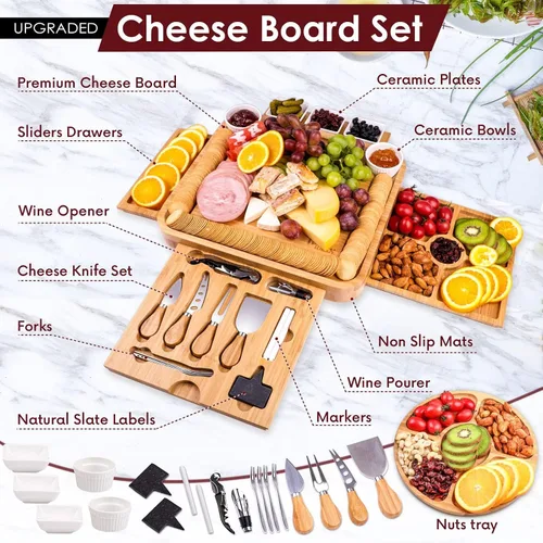 Vista 6 de Juego de regalo de tablas de charcutería, tabla de quesos de bambú y juego de cuchillos, bandeja de queso, juego de tablas magnéticas