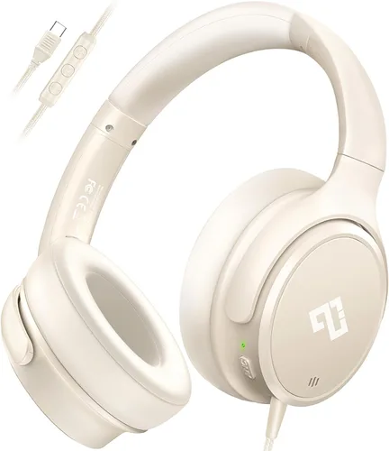 Vista 10 de Auriculares USB C con cable sobre la oreja con micrófono HD, auriculares plegables con cancelación activa de ruido