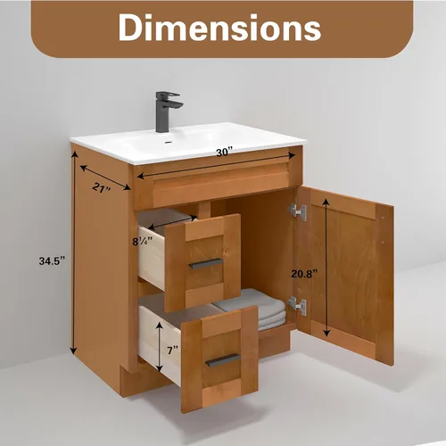 Vista 2 de Arce Shaker - Mueble para lavabo con cajones de 30 pulgadas, listo para montar