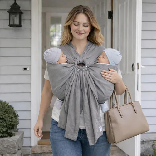 Vista 4 de Arnés de anillo doble gris para gemelos – 100% mezcla de lino y algodón para bebé Arnés de bebé ergonómico para llevar en la cadera Arnés