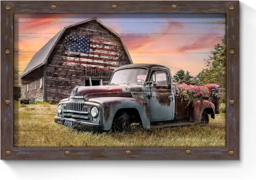 Vista 9 de SunFlax Arte de Lienzo de Pared de Carro Oxidado: Obra de Arte de Camión Azul Viejo Cuadro Rústico de Automóvil Pintura Vintage de Campo Antigua