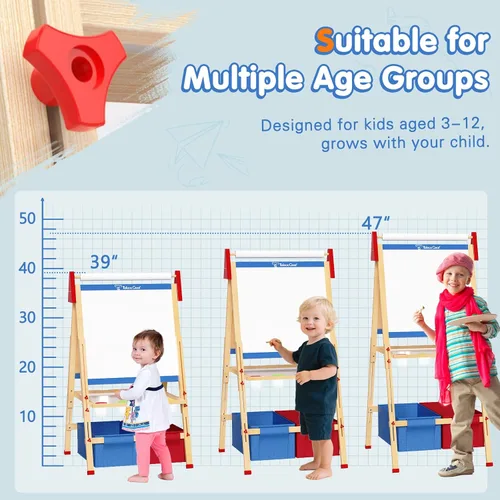 Vista 4 de Set de cabalete de arte para niños, tablero de dibujo ajustable de doble cara, cabalete de madera para pintar, edades 2-12, regalo de cumpleaños Azul