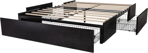 Vista 9 de Marco de cama Allewie tamaño matrimonial con plataforma y 3 cajones de almacenamiento, tapizado en piel sintética, soporte de listones de madera,