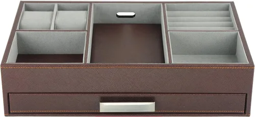Vista 4 de Bandeja de valet de cuero sintético marrón para escritorio, cajón, estación de carga, estuche para monedas, llaves, teléfono, joyas, relojes