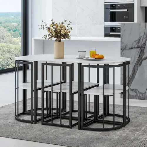 Vista 13 de VilroCaz Juego de mesa de comedor de 7 piezas con marco de metal y escritorio de mármol sintético, juego de mesa de cocina compacto con silla