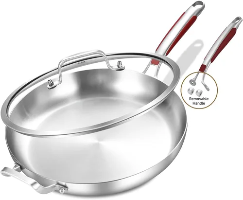 Vista 8 de Inqibee Sartén de acero inoxidable de 13 pulgadas, tricapa, con tapa y mango auxiliar, sartén, sartén de cocina de inducción, mango desmontable