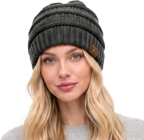 Vista 5 de C.C Exclusives Gorro de Punto de Cable - Gorros Gruesos, Suaves y Cálidos de Punto Grueso Chenille Teniente Mel Gris