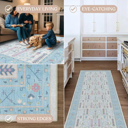 Vista 5 de Fame Living Alfombra Oushak Crema Azul, Alfombras Pequeñas Modernas, Vintage, Turca, Ecléctica, Floral, Pastel, Lavable, Tapete para Puerta, Felpudo
