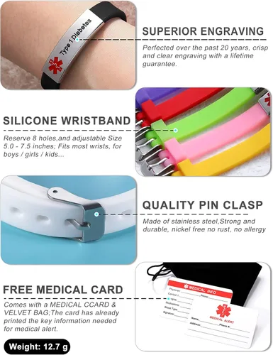 Vista 4 de JF.JEWELRY Pulseras de alerta médica personalizadas, pulsera de silicona para identificación médica para niños y niñas, pulseras médicas grabadas