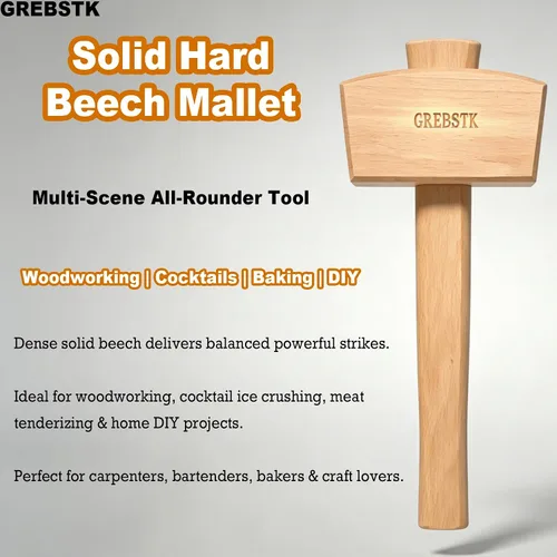 Vista 9 de GREBSTK Polished Solid Beech Wood Mallet for Home Bartending & Workshop Polished oiled finish, stain & moisture resistant, wipes clean with ease