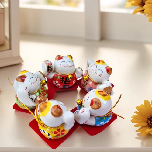 Vista 6 de Estatua de Gato de la Suerte, Conjunto de Figurillas de Cerámica China, 5 Gatos Mini de la Fortuna, Conjunto de Decoración, Pequeño Adorno