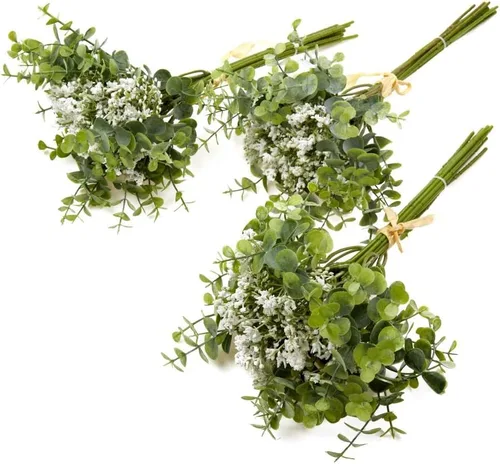 Vista 8 de 18 piezas/lote de plantas artificiales de seda de plástico, hojas de eucalipto, ramas, ramas, arreglo de corona, mesa para el hogar, jardín, boda