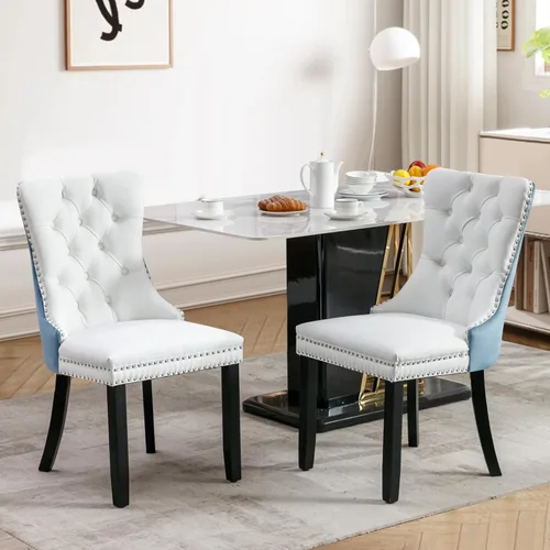 Vista 24 de Juego de 2 sillas de comedor tapizadas de tela de lino, sillas de cocina modernas de mediados de siglo con respaldo alto, ribete de cabeza de clavo