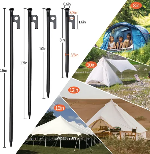 Vista 2 de 16 estacas de acero forjado resistente de 16 pulgadas + martillo de campamento + bolsa de almacenamiento