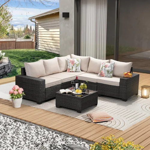 Vista 11 de JOYURE Juego de muebles de patio de 5 piezas, para todo tipo de clima, para exterior, sofá seccional de mimbre, sofá de ratán para patio con cojín