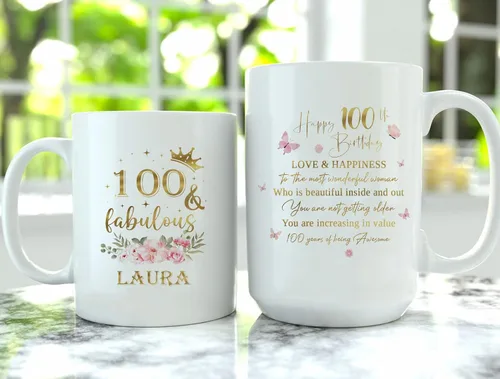 Vista 4 de Taza de cerámica única para regalo de cumpleaños número 100 y fabuloso, 100 años, idea de regalo, nombre personalizado, 11 onzas, 15 onzas