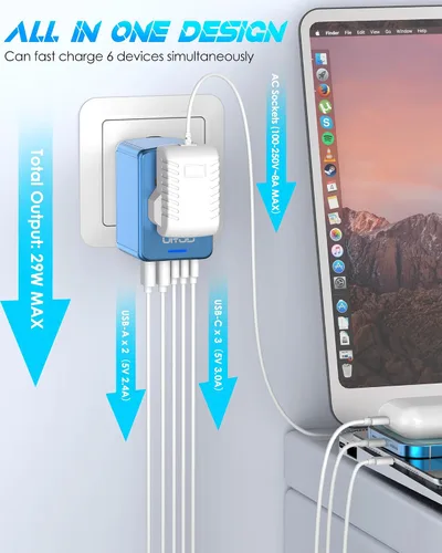Vista 3 de Adaptador de viaje universal con 5 puertos USB C/A de 30 W de carga 3 USB tipo C + 2 USB tipo A - Azul metálico