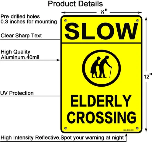 Vista 2 de Warn Elderly Crossing - Letrero de metal para uso en interiores y exteriores, 8 x 12 pulgadas