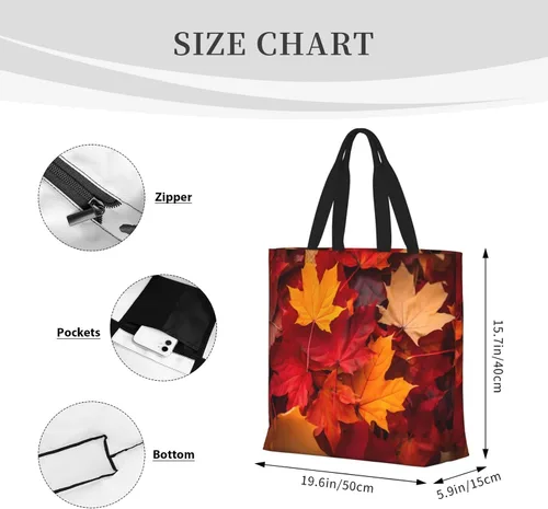 Vista 4 de Bolsa de mano de girasoles negros para mujer, bolsas reutilizables para compras de comestibles con cremallera, bolsa de hombro casual Hojas de otoño